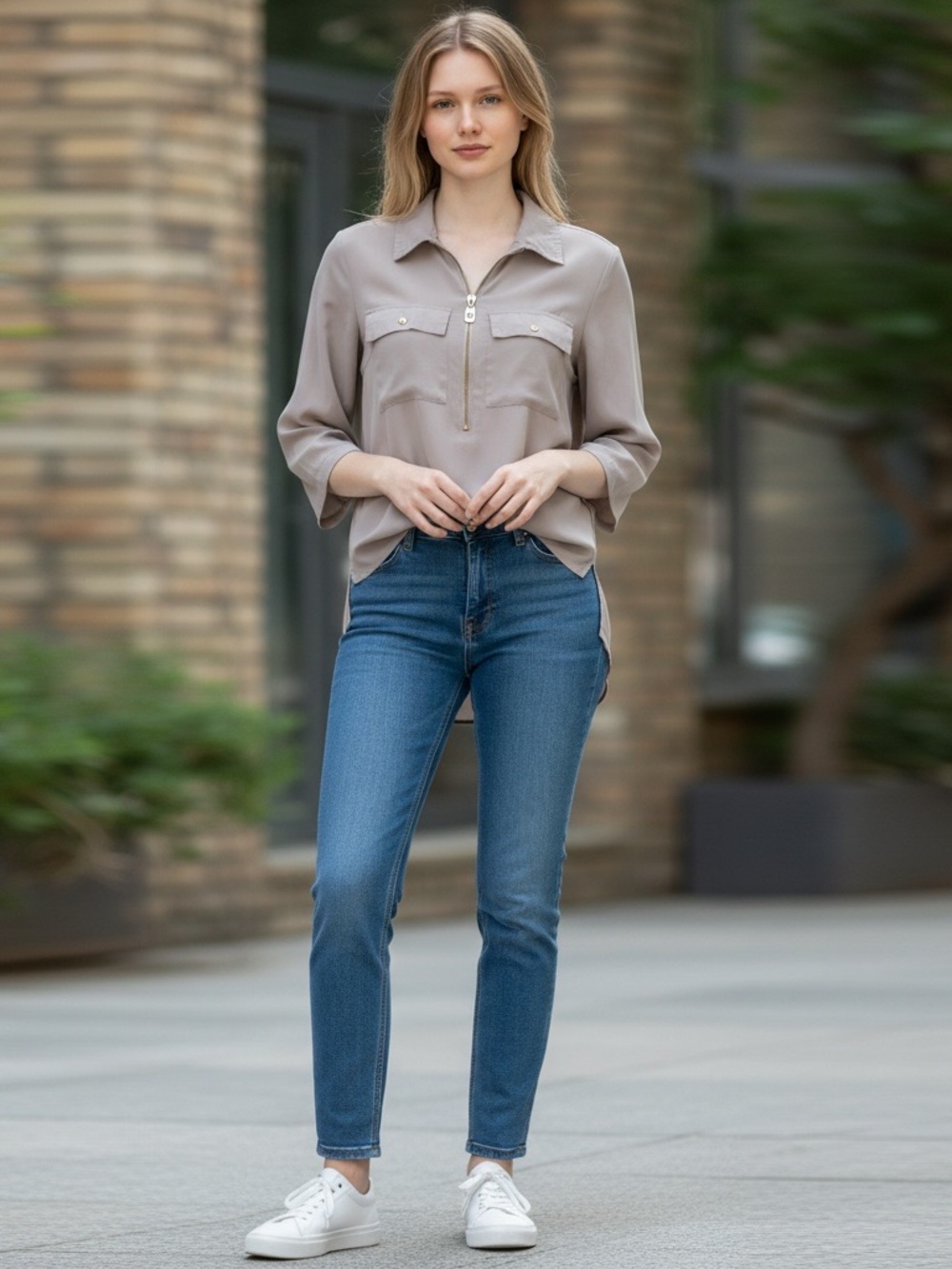 Michael Kors olive green Zip-Pocket Pullover Blouse with gold details